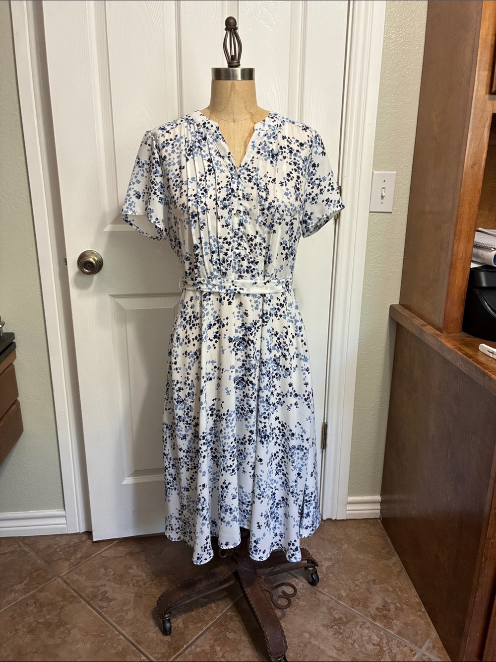 White and Blue Floral Midi Dress with Belt
